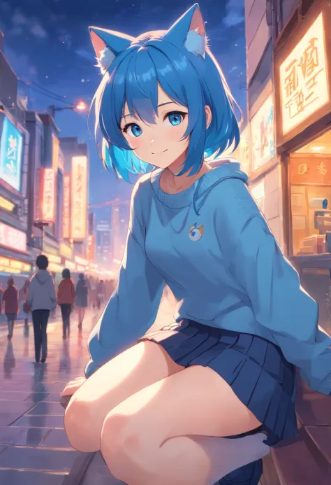 masterpiece, best quality, 1girl, ((looking at viewer)), blue hair, blue eyes, long hair, ahoge, sweater, sweater skirt, pantyhose, solo, sole, smile, cat ears, cat tail, fang, catgirl, animal ears