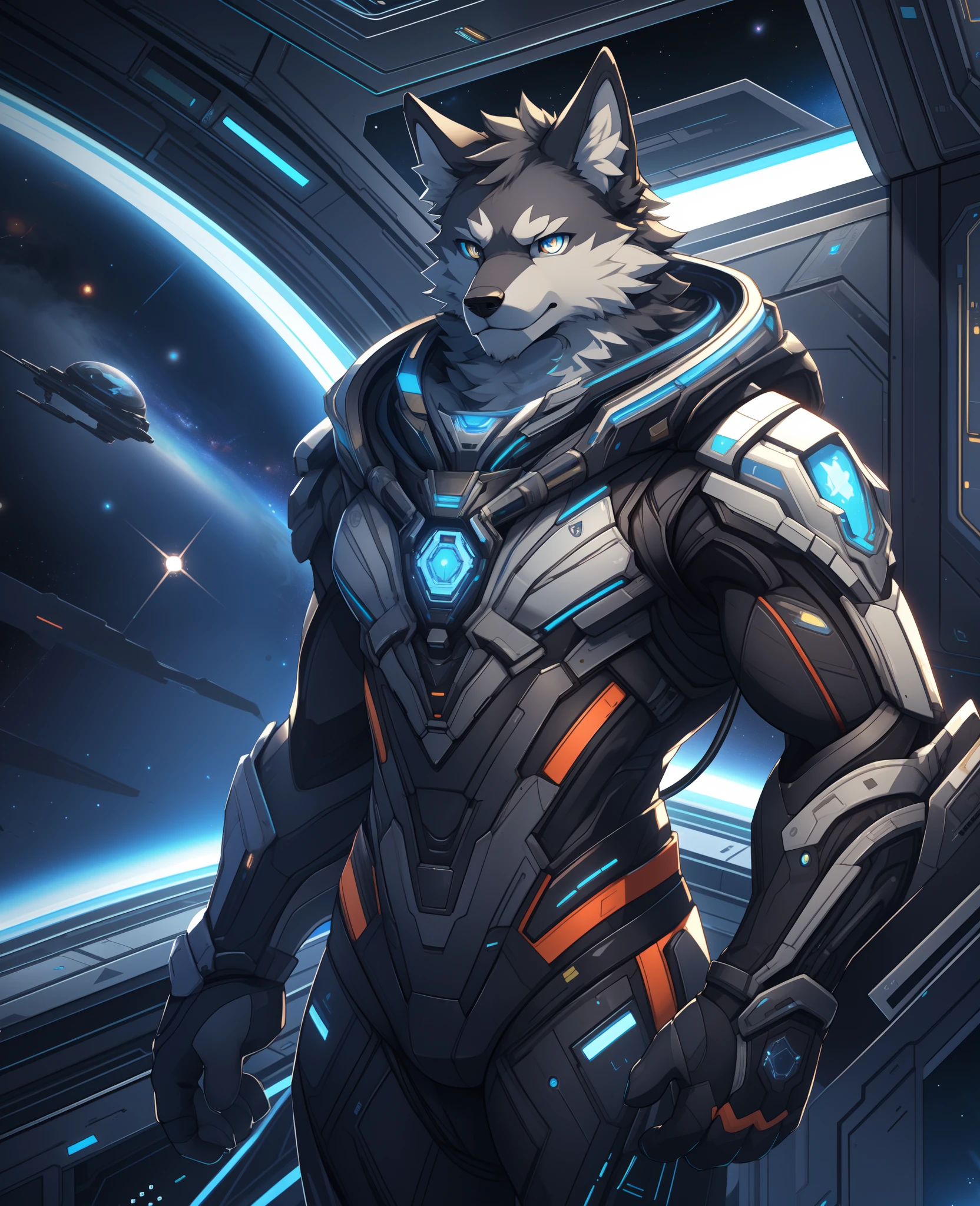 masterpiece, best quality, perfect anatomy, (detailed eyes:1.2), furry, wolf, (domestic dog:0.8), male, solo, warframe, (cables:1.1), serious face, bright eyes, floating, spacecraft, glass container, liquid, detailed background, space, starlight