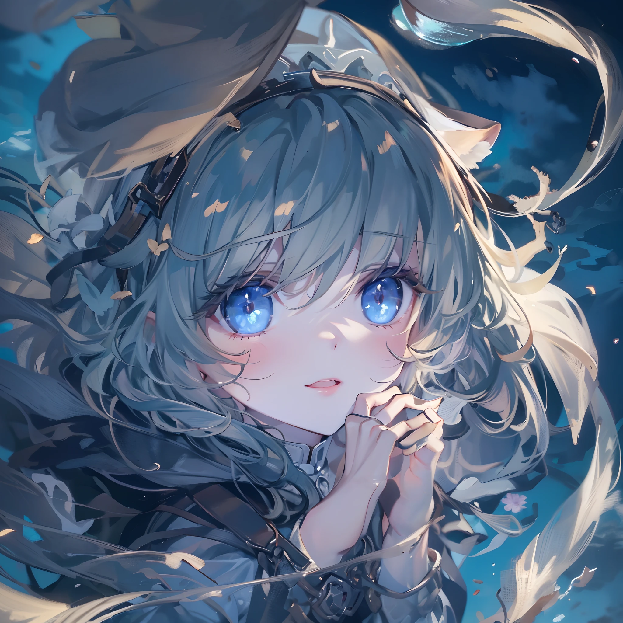 (masterpiece), Blue pupil, Extremely cute and cute, deep in the night, The wind is blowing, High view, Immerse yourself in the night, Float lightly above the sky.