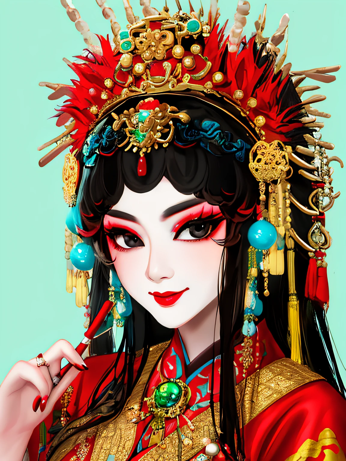 （（（tmasterpiece））），high detal，The is very detailed，CG，8k，Wallpapers，clothes_jingju_qy，1girl，Peking Opera Mulan shape， Intricate and sophisticated headdress，Set with gemstones and gold ornaments，Jinbu shakes，Black hair， rednails， putting makeup on， Redlip， hair adornments， lipsticks， nail polish， pale green background， sportrait， looking at viewert， ssmile， simple backgound， Keep one's mouth shut， florals， Kanzashi， Black eyes with spirit，