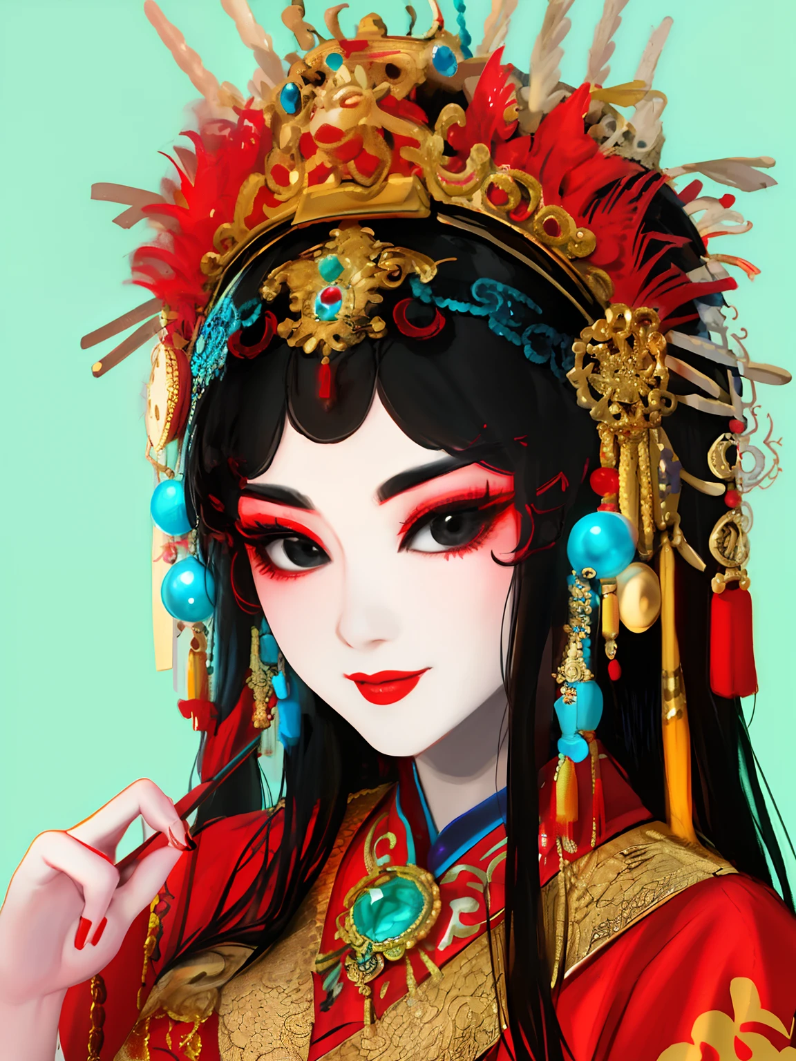 （（（tmasterpiece））），high detal，The is very detailed，CG，8K，Wallpapers，clothes_beijing opera_QY，1girll，Peking Opera Mulan shape， Delicate headgear，Set with precious stones and gold jewelry，Jinbu shook，Black hair，  light make-up， Jujube red lips， hair adornments， In the cool garden， sportrait， looking at viewert， ssmile， simple backgound， Keep one's mouth shut， florals，Lattice window，Photorealistic photography，sunlighting， Black eyes with spirit，