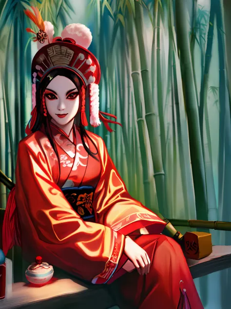 peking opera female dan sitting in a bamboo forest