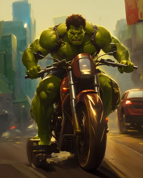 Hulk  musculoso pilotando uma HARLEY DAVIDSON na chuva em uma rua da cidade Ciber punk , Wojtek FUS, O Hulk, Directed by: Rudy Siswanto, Arte conceitual da Marvel, Hulk, Retrato do Hulk, Incredible hulk, epic comic book art, Excessivo, Hulkish, inspirado e...