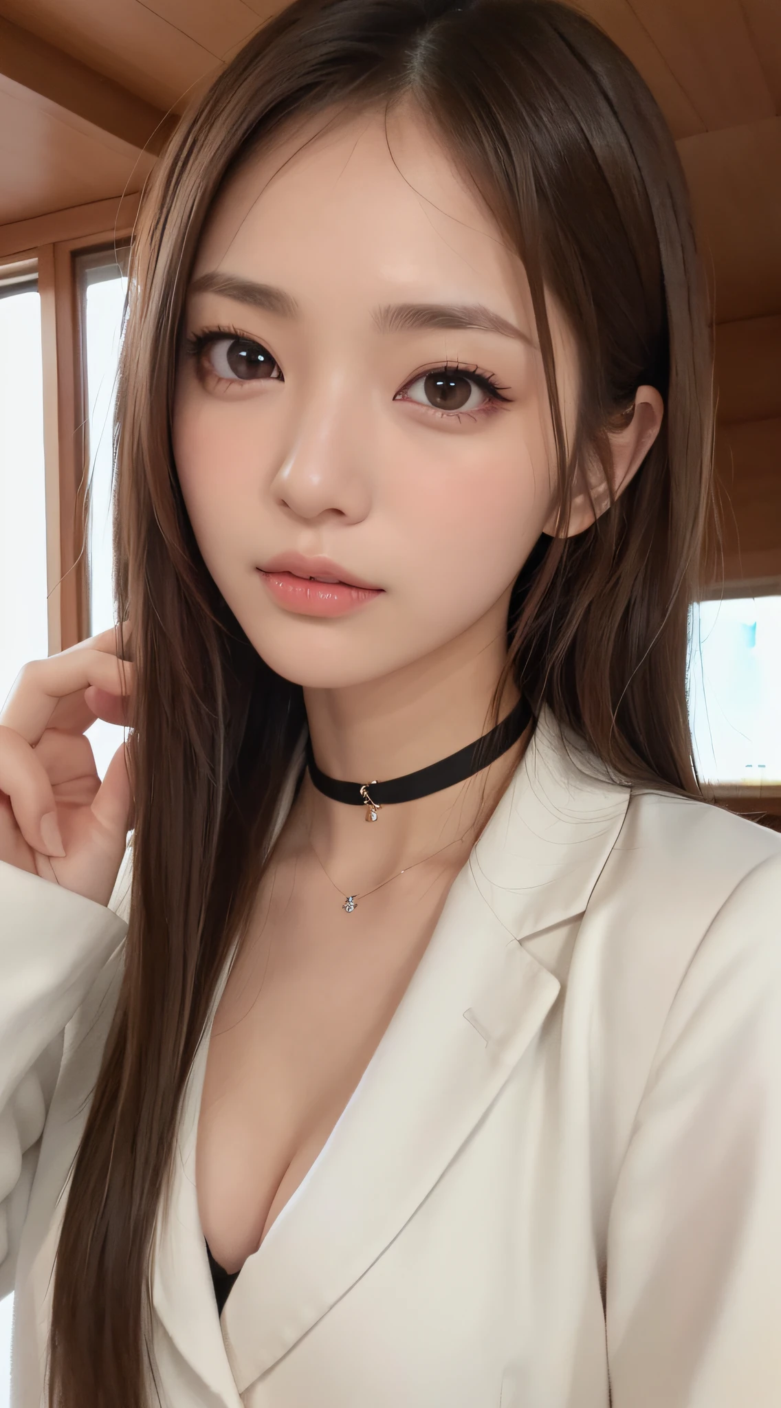 1womanl, (up of face:1.5), light brown hair, Blunt bangs, hair behind ear, hair over shoulder, Long hair, Ultra Fine Face, Thin face, Delicate lips, (beautidful eyes:1.5), thin blush, eyes are light brown,View here, Ultra-thin hands, Ultra-fine fingers, best ratio four finger and one thumb, white longcoat, a choker ,Port Area ,One-person viewpoint,  8K, masutepiece, nffsw, Super Detail, High quality, Best Quality, hight resolution,