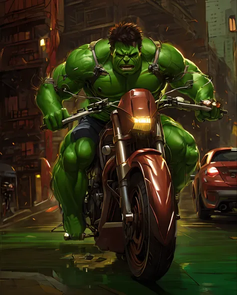 Hulk  musculoso pilotando uma DUCATI DIAVOLO na chuva em uma rua da cidade Ciber punk  CHINEZA, Wojtek FUS, O Hulk, Directed by: Rudy Siswanto, Arte conceitual da Marvel, Hulk, Retrato do Hulk, Incredible hulk, epic comic book art, Excessivo, Hulkish, insp...