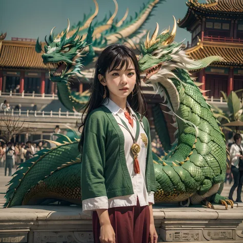 A girl and a dragon，Chinese Green Dragon, （（Girls wearing school uniforms）），（He wears a student uniform：1.4），（Fabric trousers：1....