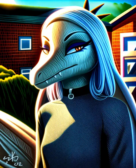 Fang, female, Dinosaur, pterodactylus, scalie, portrait, looking at viewer, rooftop, black clothes, choker, half closed eyes, wings, hair, outdoors, hdr