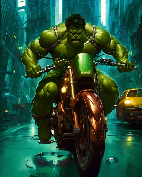 Hulk  musculoso pilotando uma BICICLETA STEAN PUNKAI na chuva em uma rua da cidade Ciber punk  CHINEZA, Wojtek FUS, O Hulk, Directed by: Rudy Siswanto, Arte conceitual da Marvel, Hulk, Retrato do Hulk, Incredible hulk, epic comic book art, Excessivo, Hulki...