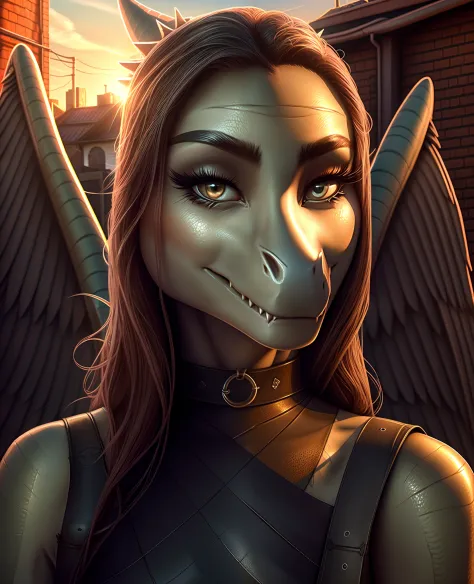 Fang, female, Dinosaur, pterodactylus, scalie, portrait, looking at viewer, rooftop, black clothes, choker, half closed eyes, wings, hair, outdoors, hdr