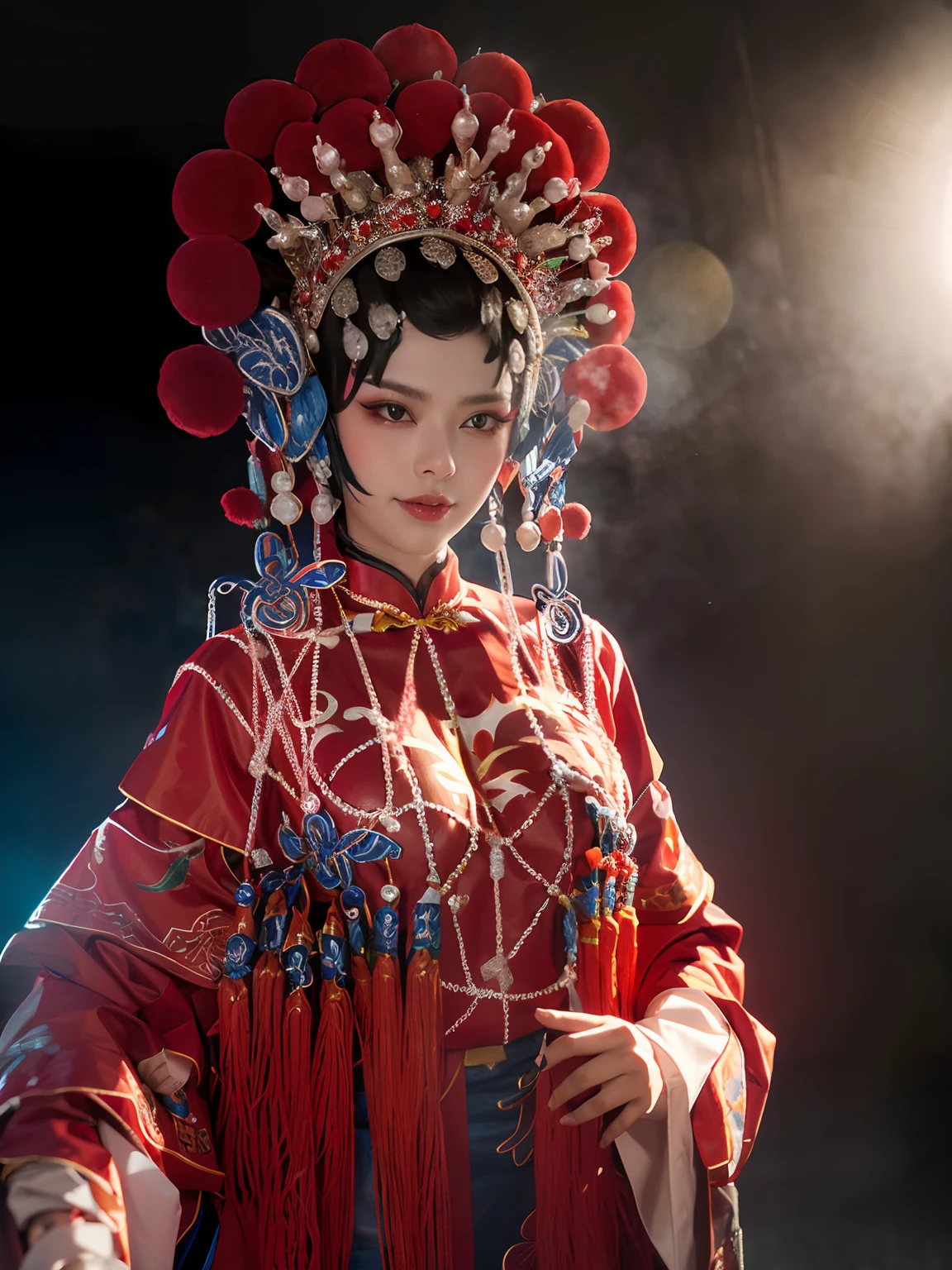 Close-up，A beautiful woman dressed in a Chinese Peking Opera costume stands on the stage，looking at viewert， ssmile， From the front， putting makeup on， head gear， （（（CNOperaFlag）））， The flag is from behind， Take it， The upper part of the body， nipple tassels，（Daumadan：1.4），16k，best qualtiy，Background bokeh，softlighting，the space，crystal-clear，Natural soft light，