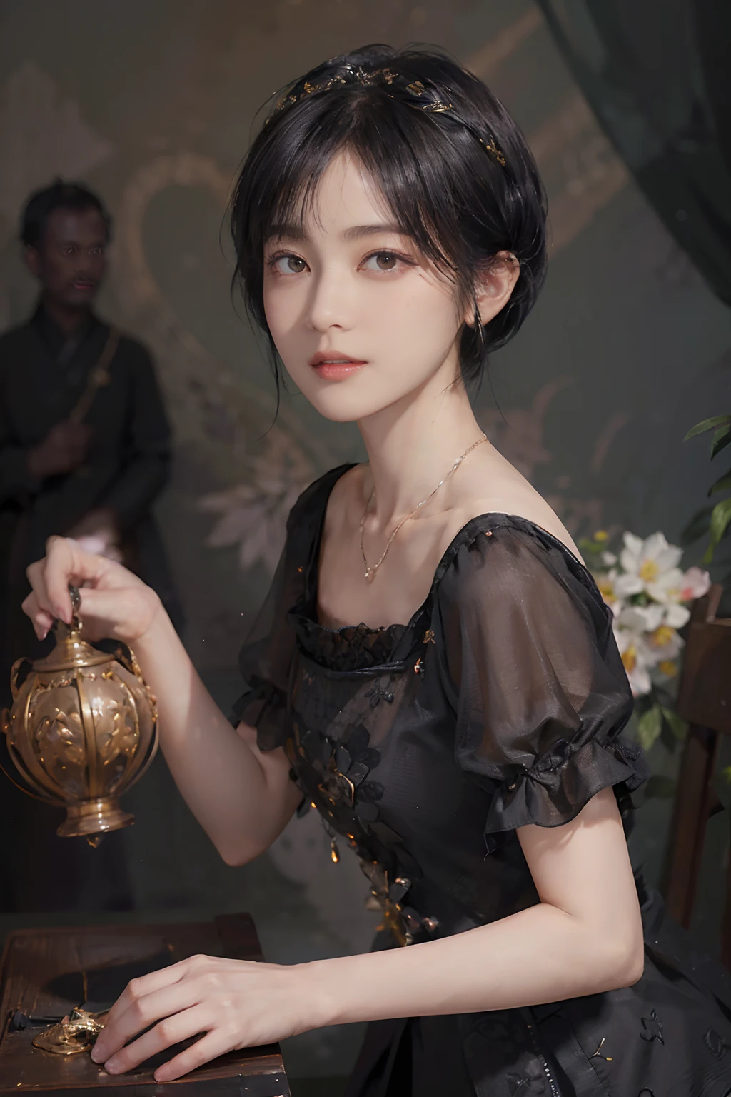 ((1womanl)),  (((Black shorthair))), （masuter piece：1,3）、top-quality、​masterpiece、hight resolution、Original、highly detailed wallpaper、dress code、Luxurious necklace, A slight smil、a small face、(Breast)、(Light on Face)、Live-action style, Beautiful facial features, darkened room, ((Hu Dilan))