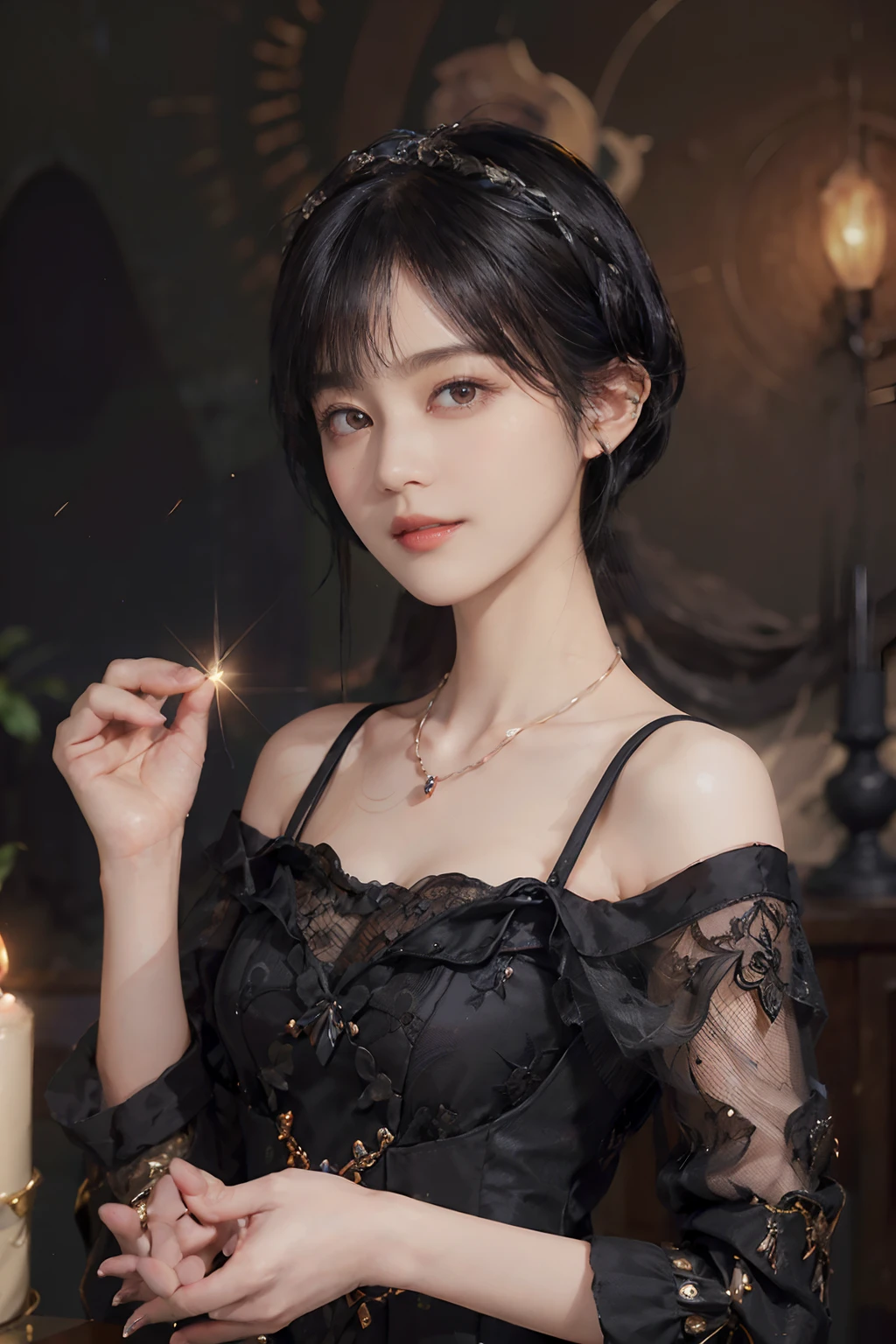 ((1womanl)),  (((Black shorthair))), （masuter piece：1,3）、top-quality、​masterpiece、hight resolution、Original、highly detailed wallpaper、dress code、Luxurious necklace, A slight smil、a small face、(Breast)、(Light on Face)、Live-action style, Beautiful facial features, darkened room, ((Hu Dilan))