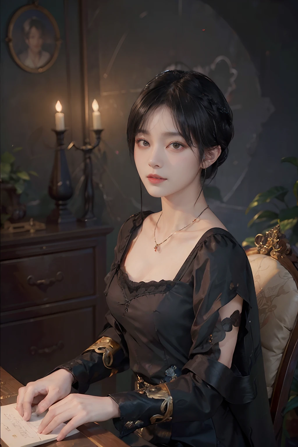 ((1womanl)),  (((Black shorthair))), （masuter piece：1,3）、top-quality、​masterpiece、hight resolution、Original、highly detailed wallpaper、dress code、Luxurious necklace, A slight smil、a small face、(Breast)、(Light on Face)、Live-action style, Beautiful facial features, darkened room, ((Hu Dilan))