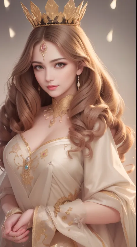 tmasterpiece，Highest high resolution，Soft lighting，1 A beautiful and noble girl，Delicate coiled hair，curlies，Shining clear eyes，The hair is covered with beautiful and delicate floral jewelry craftsmanship, crystal、diamond jewelly，Ultra-detailed details，ups...