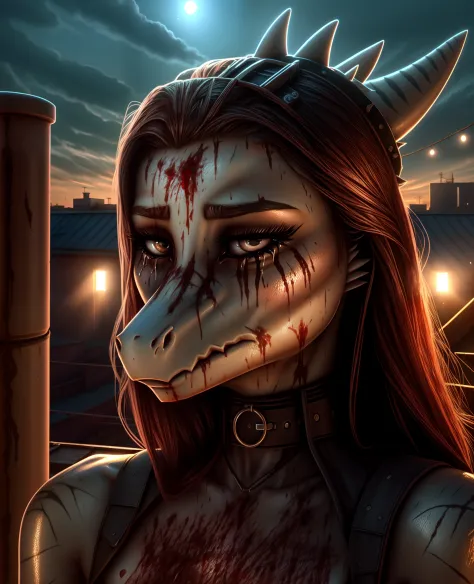 Fang, female, Dinosaur, pterodactylus, scalie, looking at viewer, rooftop, black clothes, holding a gun, covered in blood, sad, crying, choker, half closed eyes, wings, hair, outdoors, hdr
