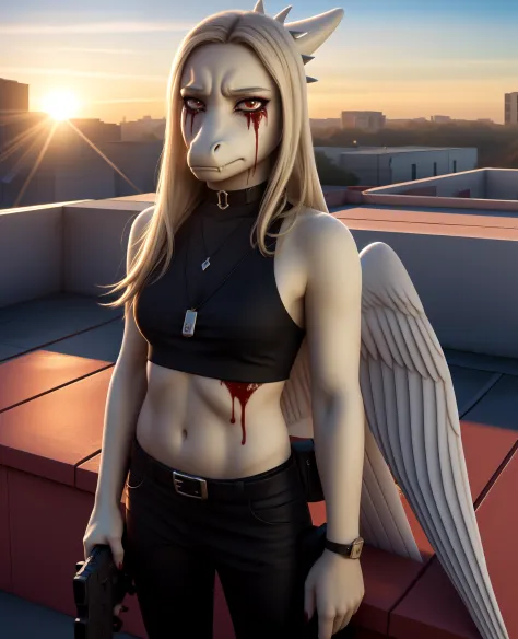 Fang, female, Dinosaur, pterodactylus, scalie, looking at viewer, rooftop, black clothes, holding a gun, covered in blood, sad, crying, choker, half closed eyes, wings, hair, outdoors, hdr