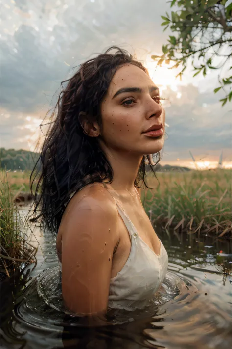 close up portrait of a cute woman with black hair (gldot) bathing in a river, reeds, (backlighting), realistic, masterpiece, hig...