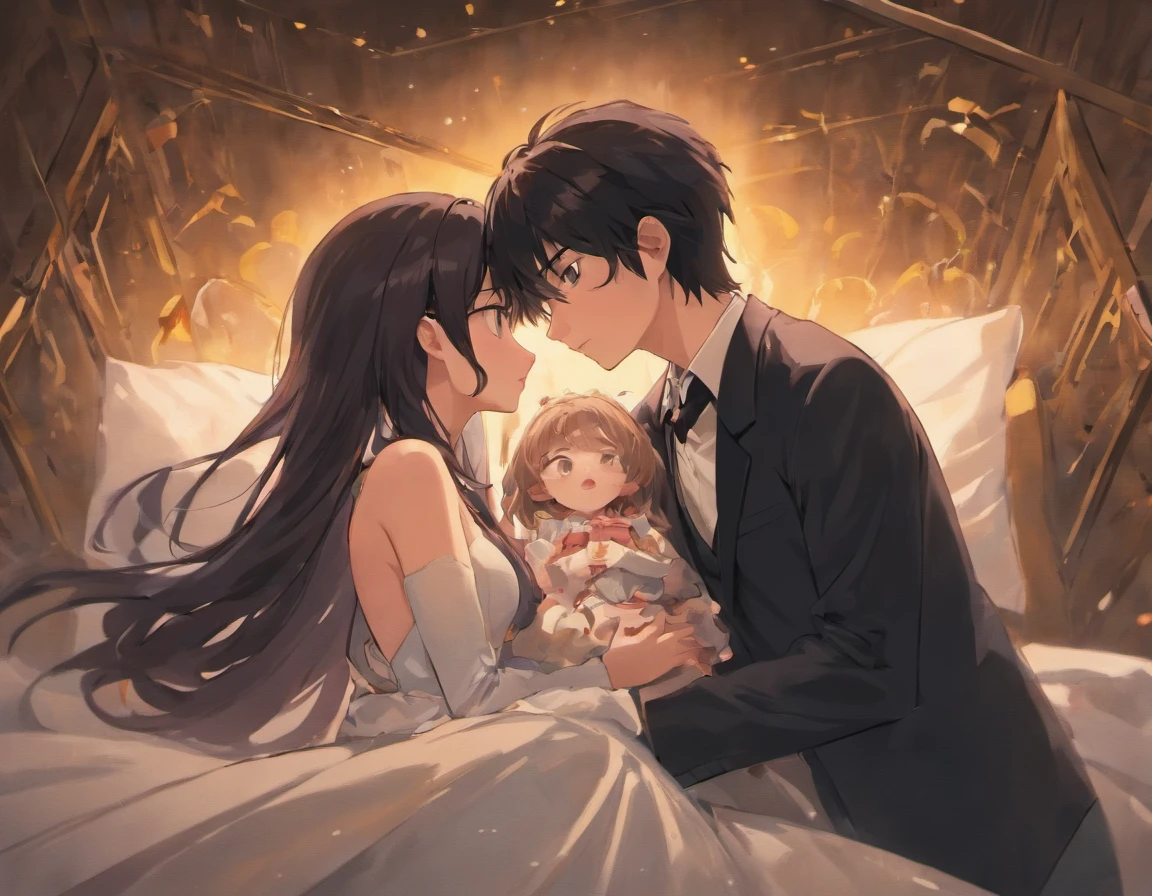 Anime couple kissing in bed with baby in hand - SeaArt AI