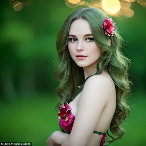 (beautiful: 1.6 + beautiful: 1.3),((very detailed: 1.3)),(eyes: green, green hair),, 1 girl, just one girl, beautiful, bright colors,  sunset sunlight, forest background with many faded trees, background with many red flowers blurred, warm light:1.0, well-...