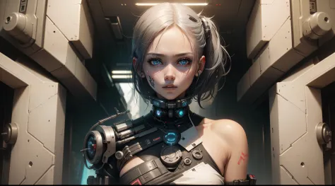 Cyberpunk, girl, cybernetics, detailed face, white eyes, full body, Detailed face, white eyes