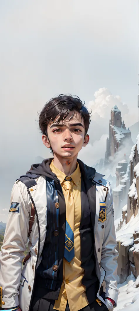 boy standing on top of a mountain with a yellow shirt and blue tie, ayan nag, young commoner, riyahd cassiem, young boy, jayison...