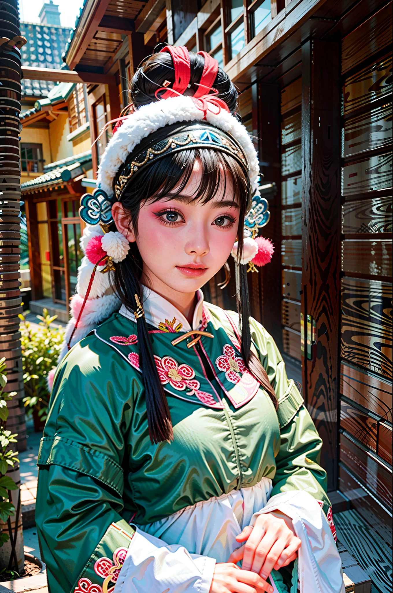 1girll， wearing a costume，Peking Opera performance，独奏， looking at viewert， （Young cute and beautiful 18 year old girl：1.4）， 3D 脸， beuaty girl， beauitful face， prette，