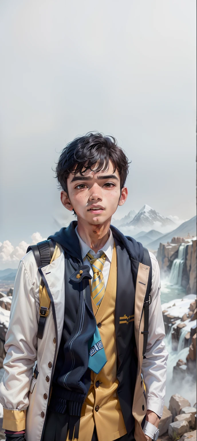 boy standing on top of a mountain with a yellow shirt and blue tie, ayan nag, young commoner, riyahd cassiem, young boy, jayison devadas, around 1 , vastayan, vinayak, mohamed chahin, reyyan, divayth fyr, student, very clear picture, a picture, kid same face