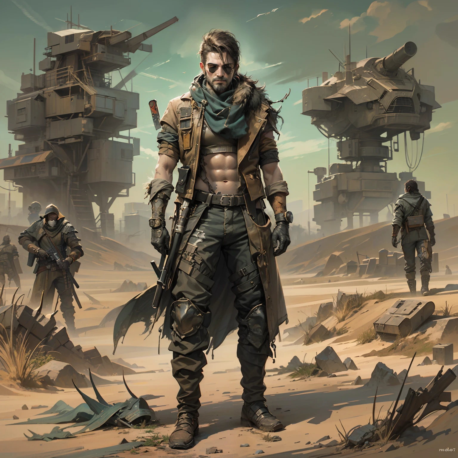 (((hombre, chico joven,,Ropa punk del desierto, Ropa Mad Max,Paramo clothing, pecho ,Abs))), ropa , Abs, musculoso, atractivo, Pose ruda, Hay un hombre sosteniendo una pistola y una pistola en la mano, Mad Max con una pistola, concept art digital illustration, Estilo de arte dieselpunk, Post-apocalyptic explorer, illustration concept art, epic fantasy sci fi illustration, Arte conceptual digital de alta calidad, epic scifi character art, Symmetrical dieselpunk warrior, soldado dieselpunk, Arte conceptual de pintura digital,(((Estilo Borderlands))) cuerpo, ropa, , In a desolate wasteland,(((una caravana del desierto con soldados gritando y maldiciendo enfados)))