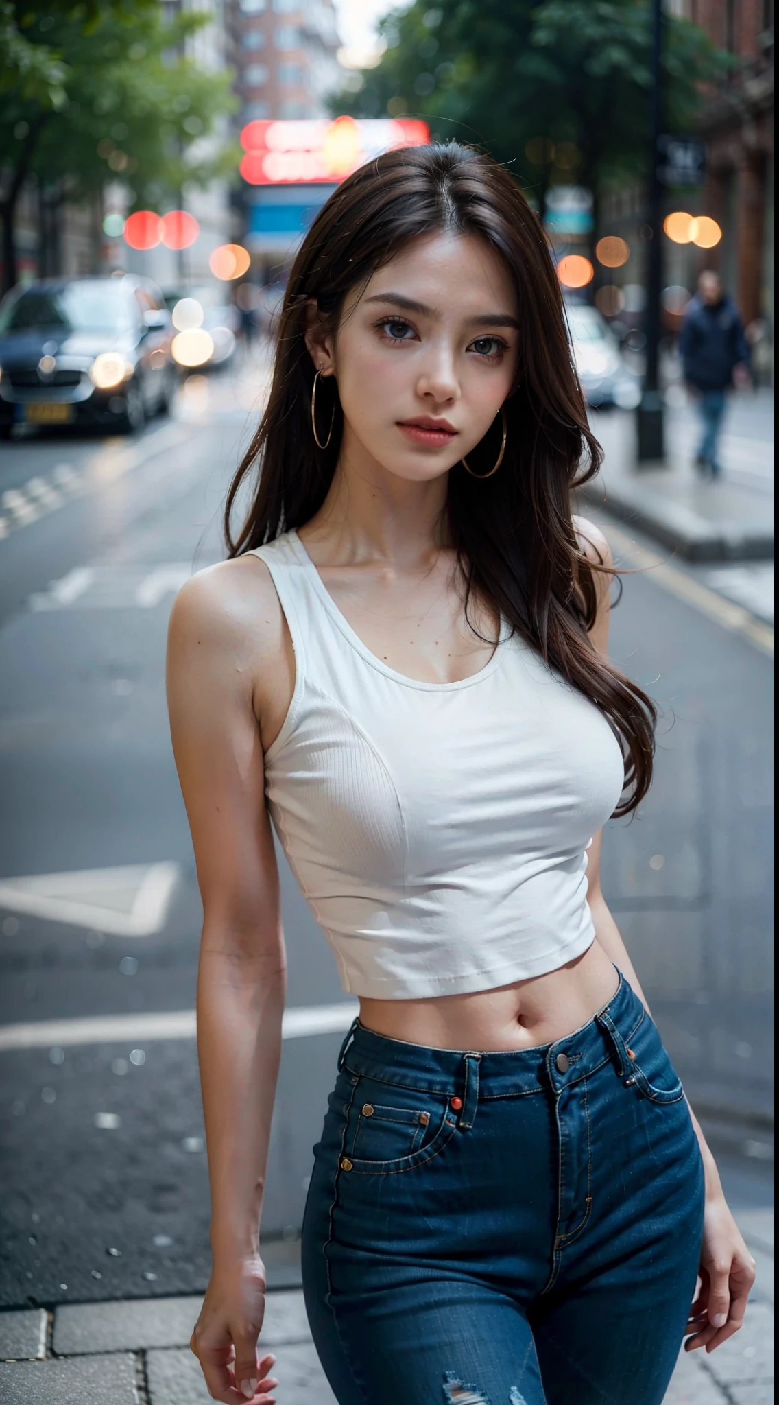 A close up of a woman in a white top and jeans - SeaArt AI