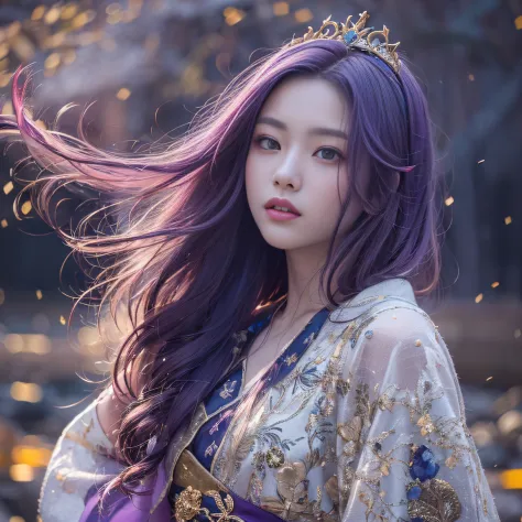 Genki Girl 32K（tmasterpiece，k hd，hyper HD，32K）Long flowing bright purple hair，Autumn Pond，zydink， a color， Asian people （Genki g...