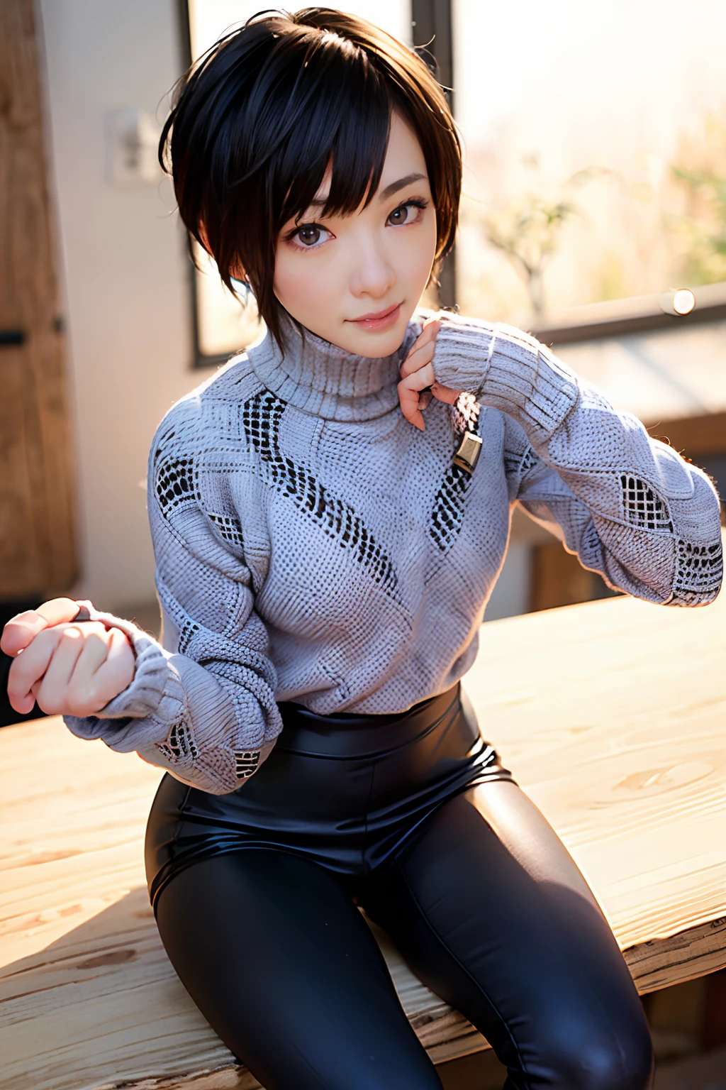 ((pixie_cut short_hair):1.2), 8K、Raw photography。top-quality、high_quality、Extreme_Detail_Photography、Eye for extreme detail、Super Detail Face、Hair in super detail、Super detail body、(Photography Lighting:1.3)、1girl、Puffy eyes、Eyes in good shape。Brown-eyed、dark brown short hair、good lips、Small lips、Raw photo, Best Quality, masutepiece, ultra-detailliert, (blue cable-knit turtleneck dress), (long sleeves:1.5), (Wool:1.7), 超A high resolution, Realistic,wide_angle, tiny head, (ankle:1.4), ((((solo)))), (seductive posture:2.0), perfect hands, perfect fingers, feminine fingers, looking at the viewer, (split_chin:1.3), (knit leggings:1.5)