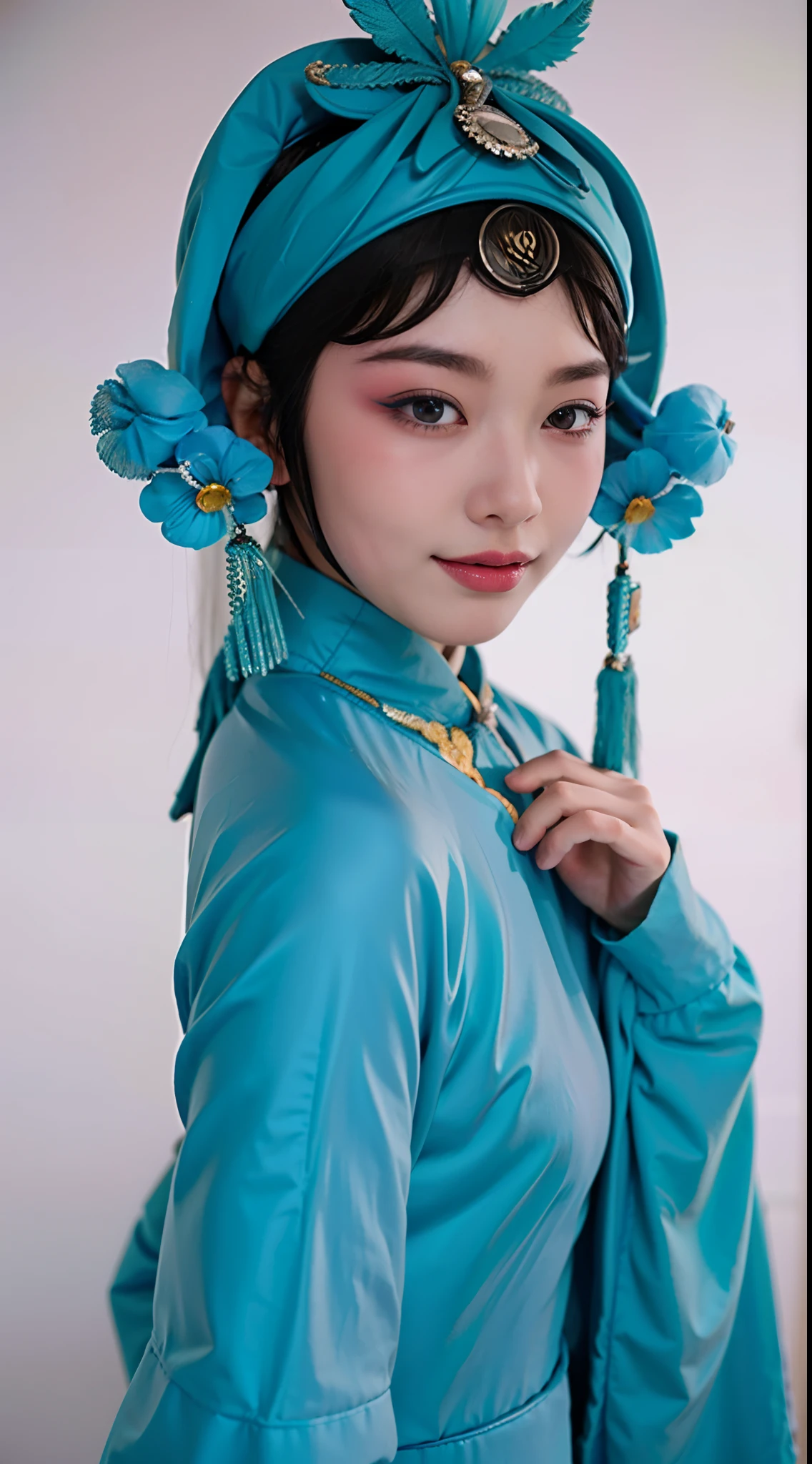 8K, RAW photo, Best quality, Masterpiece, Realistic, photo-realistic, Ultra detailed,
1 girl,  CNOperaCrown,  from the front side, view the viewer, Makeup, Beijing Opera Costume,headdress, (((CNOperaFlag))), Mark from behind, Holding,  Upper body, nipple tassels,Portrait, Simple background, Smile, Mouth closed, Flowers,small breasts,slim,thin,small head,small face