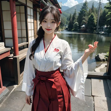 Woman in red skirt and white shirt is taking pictures, japanese girl school uniform, hakama kimono, Japan school uniform, Collar white and red, A Japanese style, Red kimono, Japanese style, traditional japanese, Wearing Hakama, japanese kimono,Outdoor back...