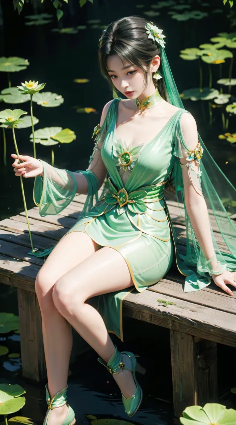 1 fairy, hair jewelry, double tail, white and green dress, (lotus garden)