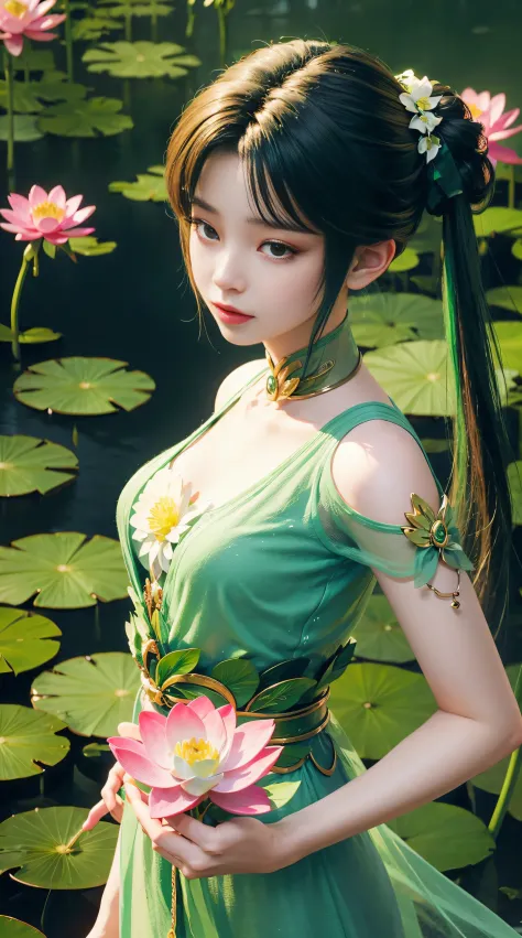 1 fairy, hair jewelry, double tail, white and green dress, (pink lotus garden), water