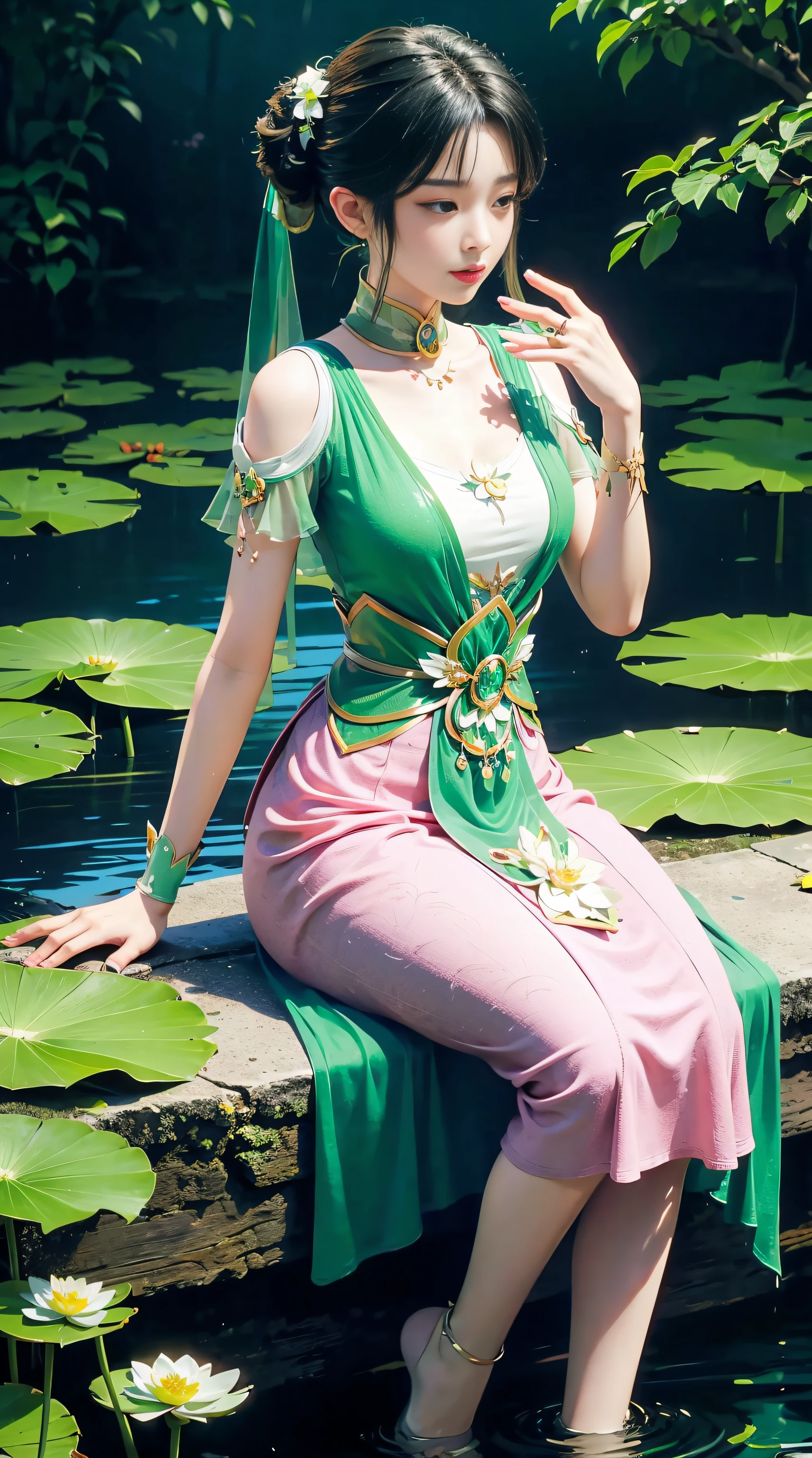 1 fairy, hair jewelry, double tail, white and green dress, (pink lotus garden), water