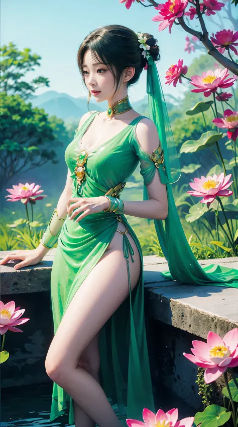 1 fairy, hair jewelry, double tail, white and green dress, (pink lotus garden), water