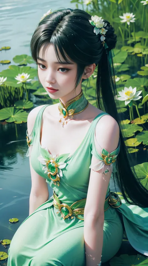 1 fairy, hair jewelry, double tail, white and green dress, (pink lotus garden), water, (exquisite exquisite jewelry)