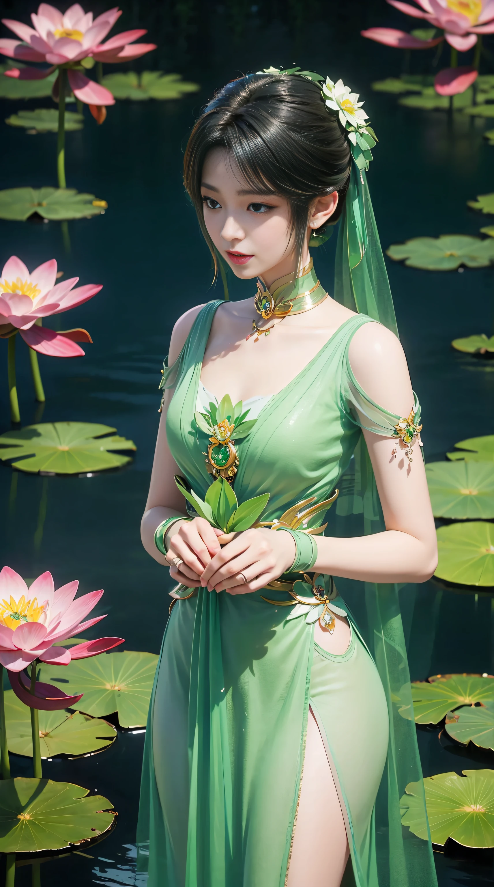 1 fairy, hair jewelry, double tail, white and green dress, (pink lotus garden), water, (exquisite exquisite jewelry)