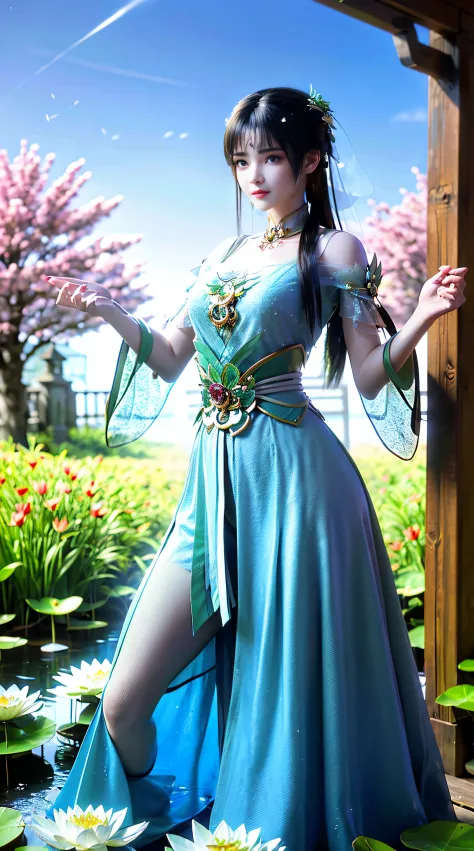 (((1 fairy standing on a water lotus pond))), hair jewelry, double tail, (exquisite exquisite jewelry), flawless beautiful face ...