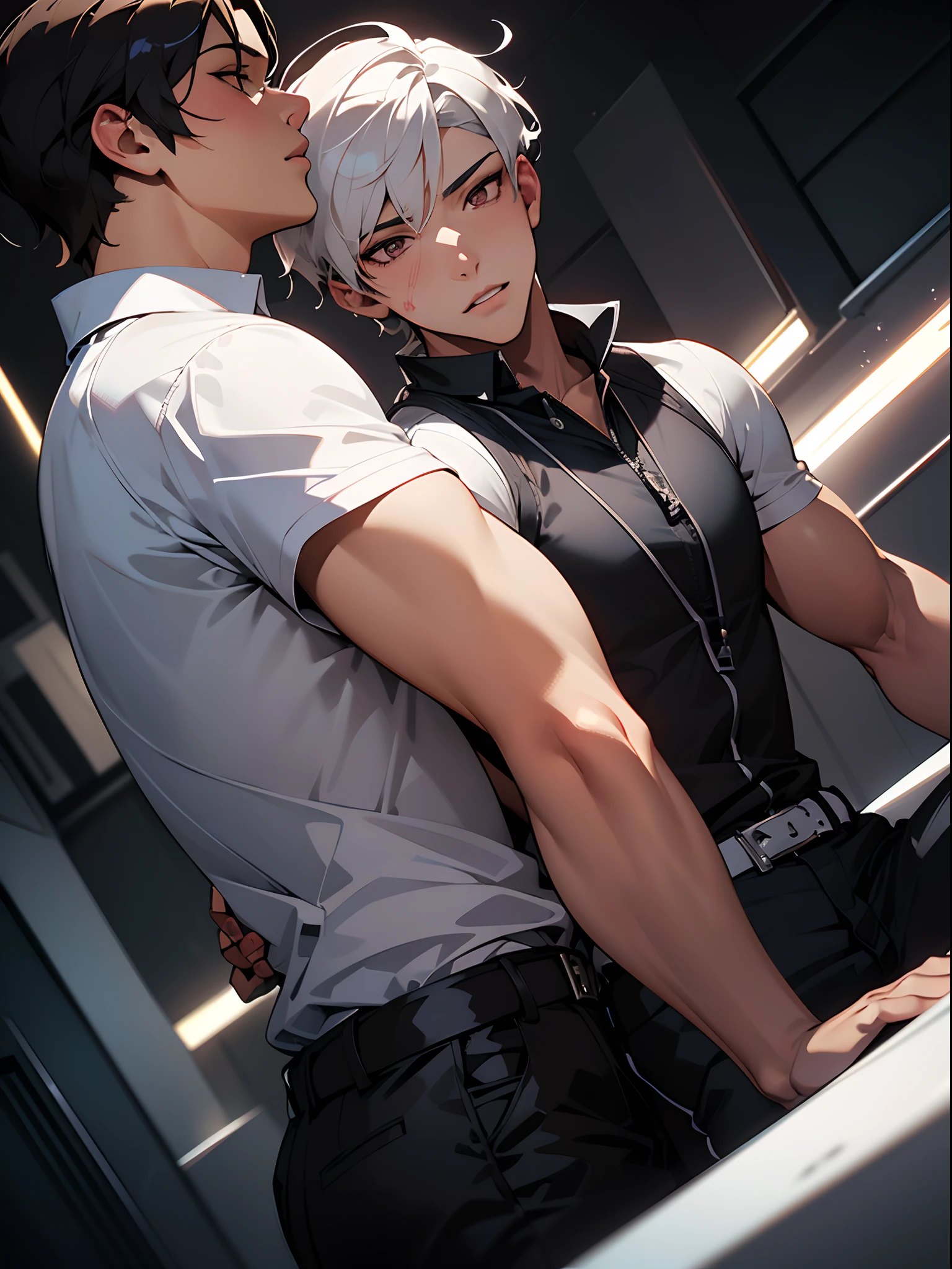 ((Best Quality)),((Beautifully painted)),((Highly detailed)),((Professional Lighting)),((Dynamic angles)),2male in,yaoi pose,gay male relationship