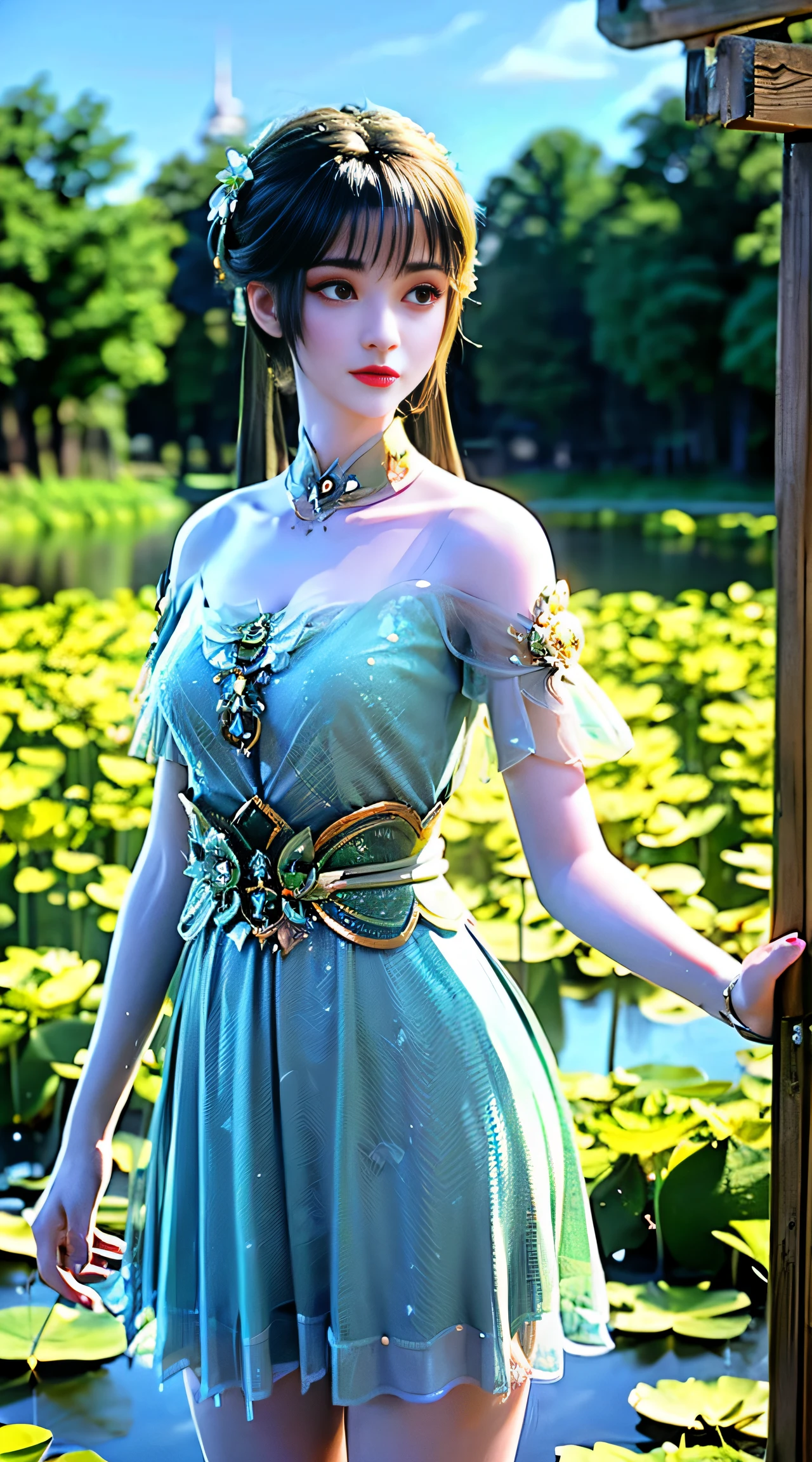 (((1 fairy standing on a lotus pond))), ((short dress)), hair jewelry, double tail, (exquisite and exquisite jewelry), flawless beautiful face of goddess Athena, ((hanfu white blue see-through thin sequins with many details )), legendary goddess, symbolic goddess, sparkling beautiful goddess style, red lipstick,(shy), detailed and delicate, lips delicate and delicately detailed beauty, (clear and flawless face: 1.9), goddess body, round chest, long flat bangs, flower tattoo on forehead, beautiful face Bright and balanced eyes for, (light purple eyes: 1.8) , (big round eyes and makeup, sexy wet eye makeup, very beautiful and meticulous hair makeup, long and delicate hair, delicate, shape: 1.8), shape shape: and alive, ((stars that make up the sky: 1.7), (((sky in the sky and the blue gate of fictional time and space: 1.8))), fictional art, sky night