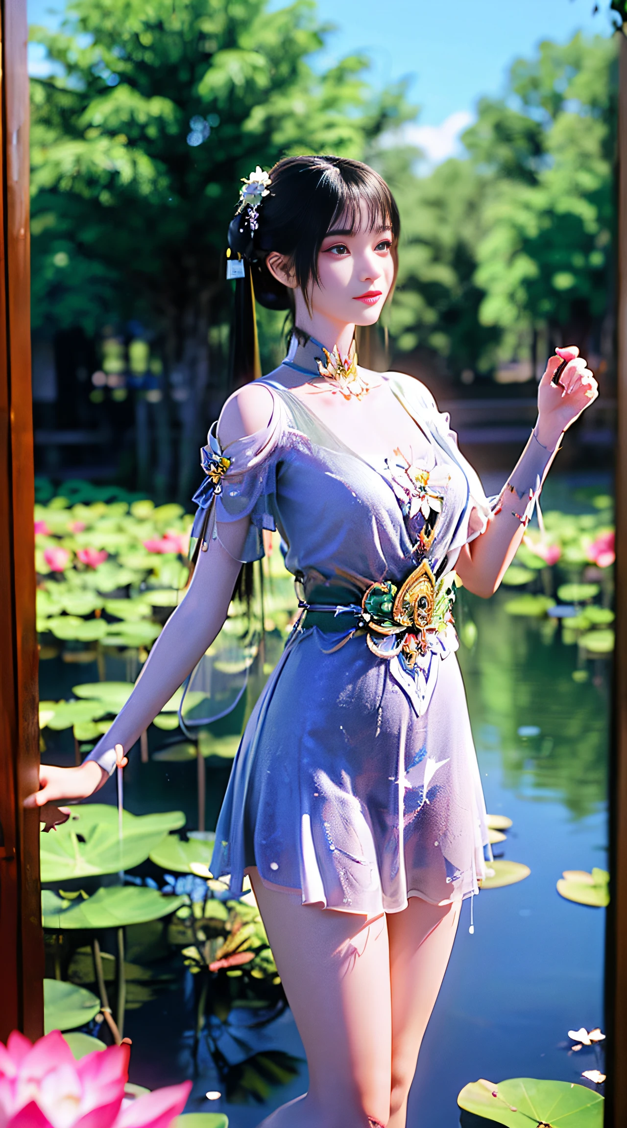 (((1 fairy standing on a lotus pond))), ((short dress)), hair jewelry, double tail, (exquisite and exquisite jewelry), flawless beautiful face of goddess Athena, ((hanfu white blue see-through thin sequins with many details )), legendary goddess, symbolic goddess, sparkling beautiful goddess style, red lipstick,(shy), detailed and delicate, lips delicate and delicately detailed beauty, (clear and flawless face: 1.9), goddess body, round chest, long flat bangs, flower tattoo on forehead, beautiful face Bright and balanced eyes for, (light purple eyes: 1.8) , (big round eyes and makeup, sexy wet eye makeup, very beautiful and meticulous hair makeup, long and delicate hair, delicate, shape: 1.8), shape shape: and alive, ((stars that make up the sky: 1.7), (((sky in the sky and the blue gate of fictional time and space: 1.8))), fictional art, sky night