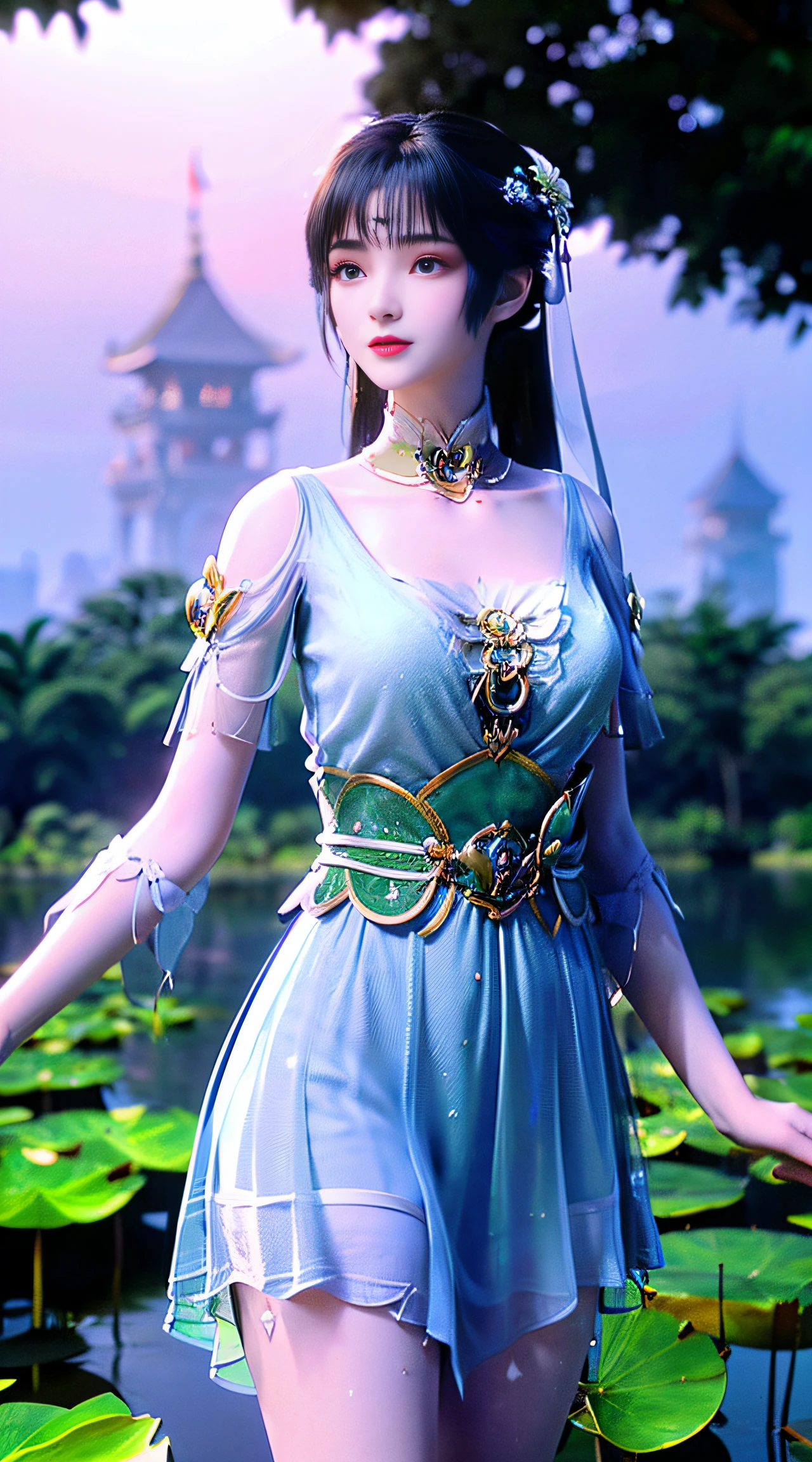 (((1 fairy standing on a lotus pond))), ((short dress)), hair jewelry, double tail, (exquisite and exquisite jewelry), flawless beautiful face of goddess Athena, ((hanfu white blue see-through thin sequins with many details )), legendary goddess, symbolic goddess, sparkling beautiful goddess style, red lipstick,(shy), detailed and delicate, lips delicate and delicately detailed beauty, (clear and flawless face: 1.9), goddess body, round chest, long flat bangs, flower tattoo on forehead, beautiful face Bright and balanced eyes for, (light purple eyes: 1.8) , (big round eyes and makeup, sexy wet eye makeup, very beautiful and meticulous hair makeup, long and delicate hair, delicate, shape: 1.8), shape shape: and alive, ((stars that make up the sky: 1.7), (((sky in the sky and the blue gate of fictional time and space: 1.8))), fictional art, sky night