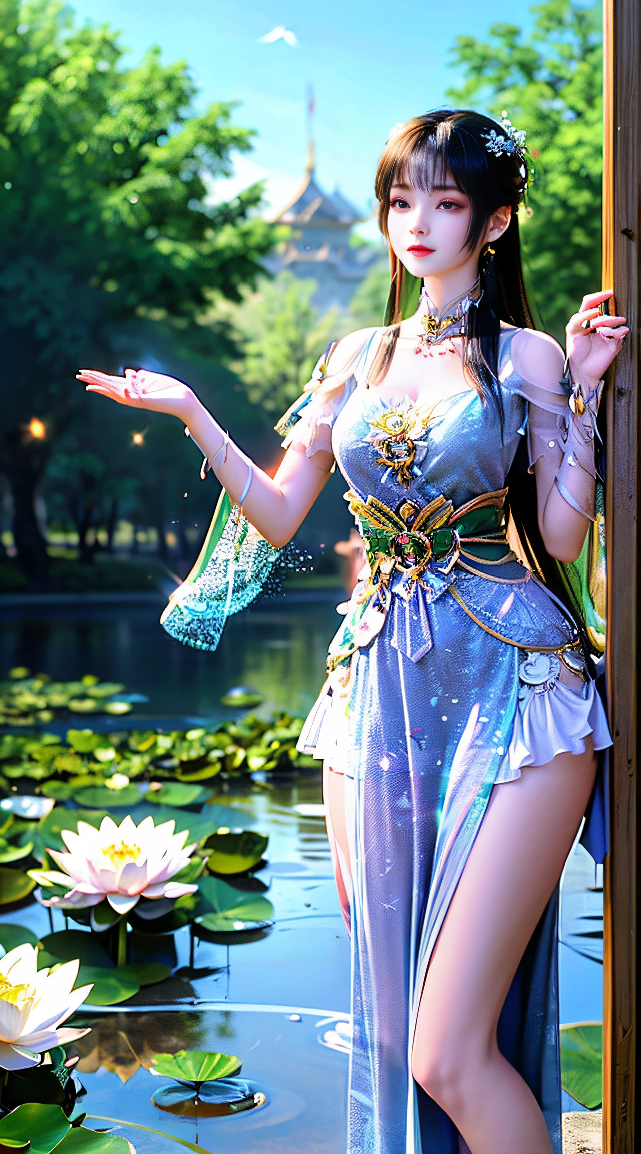 (((1 fairy standing on a lotus pond))), ((short dress)), hair jewelry, double tail, (exquisite and exquisite jewelry), flawless beautiful face of goddess Athena, ((hanfu white blue see-through thin sequins with many details )), legendary goddess, symbolic goddess, sparkling beautiful goddess style, red lipstick,(shy), detailed and delicate, lips delicate and delicately detailed beauty, (clear and flawless face: 1.9), goddess body, round chest, long flat bangs, flower tattoo on forehead, beautiful face Bright and balanced eyes for, (light purple eyes: 1.8) , (big round eyes and makeup, sexy wet eye makeup, very beautiful and meticulous hair makeup, long and delicate hair, delicate, shape: 1.8), shape shape: and alive, ((stars that make up the sky: 1.7), (((sky in the sky and the blue gate of fictional time and space: 1.8))), fictional art, sky night