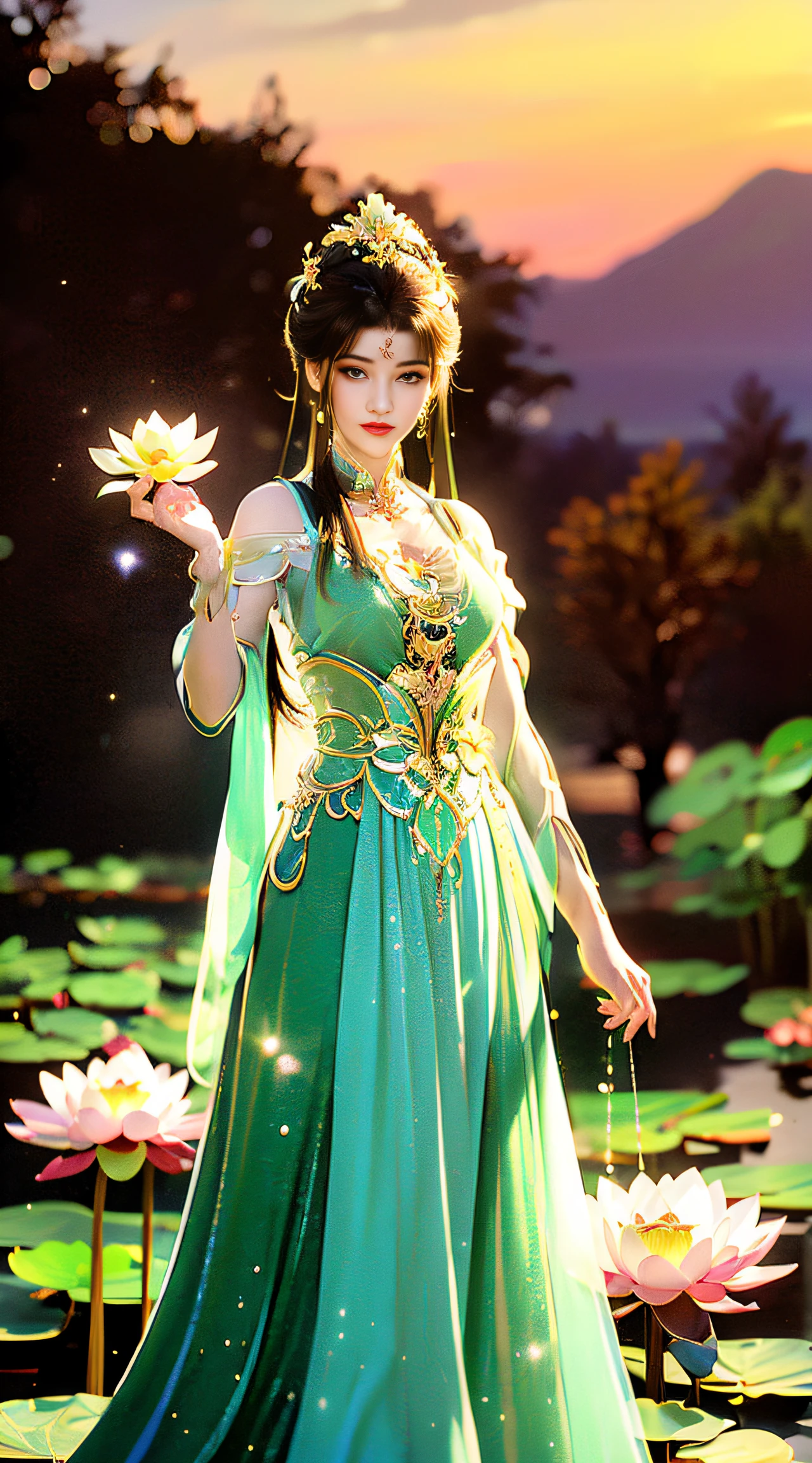 (((1 fairy standing on a lotus pond))), ((short dress)), hair jewelry, double tail, (exquisite and exquisite jewelry), flawless beautiful face of goddess Athena, ((hanfu white blue see-through thin sequins with many details )), legendary goddess, symbolic goddess, sparkling beautiful goddess style, red lipstick,(shy), detailed and delicate, lips delicate and delicately detailed beauty, (clear and flawless face: 1.9), goddess body, round chest, long flat bangs, flower tattoo on forehead, beautiful face Bright and balanced eyes for, (light purple eyes: 1.8) , (big round eyes and makeup, sexy wet eye makeup, very beautiful and meticulous hair makeup, long and delicate hair, delicate, shape: 1.8), shape shape: and alive, ((stars that make up the sky: 1.7), (((sky in the sky and the blue gate of fictional time and space: 1.8))), fictional art, sky night