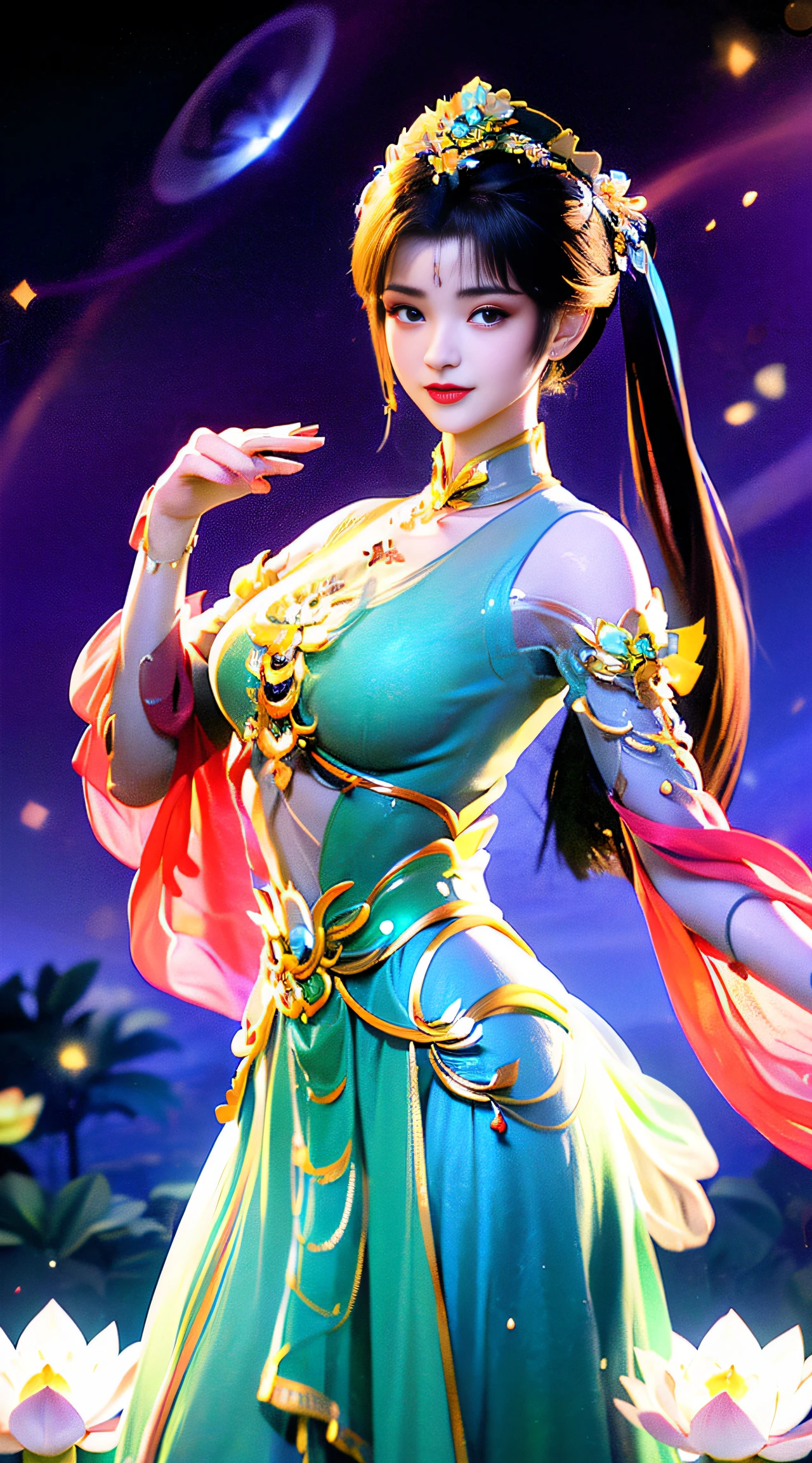 (((1 fairy standing on a lotus pond))), ((short dress)), hair jewelry, double tail, (exquisite and exquisite jewelry), flawless beautiful face of goddess Athena, ((hanfu white blue see-through thin sequins with many details )), legendary goddess, symbolic goddess, sparkling beautiful goddess style, red lipstick,(shy), detailed and delicate, lips delicate and delicately detailed beauty, (clear and flawless face: 1.9), goddess body, round chest, long flat bangs, flower tattoo on forehead, beautiful face Bright and balanced eyes for, (light purple eyes: 1.8) , (big round eyes and makeup, sexy wet eye makeup, very beautiful and meticulous hair makeup, long and delicate hair, delicate, shape: 1.8), shape shape: and vivid, ((stars that make up the sky: 1.7), (((sky in the sky and the blue gate of fictional time and space: 1.8))), fictional art, ( (lambent))