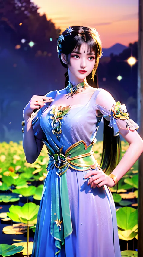 (((1 fairy standing on a lotus pond))), ((short dress)), hair jewelry, double tail, (exquisite and exquisite jewelry), flawless ...