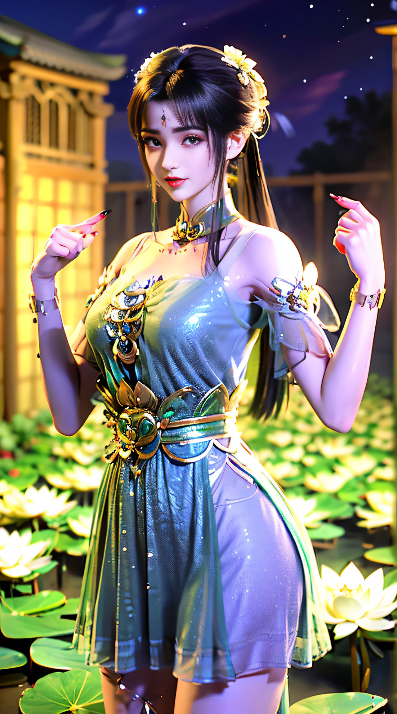 (((1 fairy standing on a lotus pond))), ((short dress)), hair jewelry, double tail, (exquisite and exquisite jewelry), flawless beautiful face of goddess Athena, ((hanfu white blue see-through thin sequins with many details )), legendary goddess, symbolic goddess, sparkling beautiful goddess style, red lipstick,(shy), detailed and delicate, lips delicate and delicately detailed beauty, (clear and flawless face: 1.9), goddess body, round chest, long flat bangs, flower tattoo on forehead, beautiful face Bright and balanced eyes for, (light purple eyes: 1.8) , (big round eyes and makeup, sexy wet eye makeup, very beautiful and meticulous hair makeup, long and delicate hair, delicate, shape: 1.8), shape shape: and vivid, ((stars that make up the sky: 1.7), (((sky in the sky and the blue gate of fictional time and space: 1.8))), fictional art, ( (lambent))