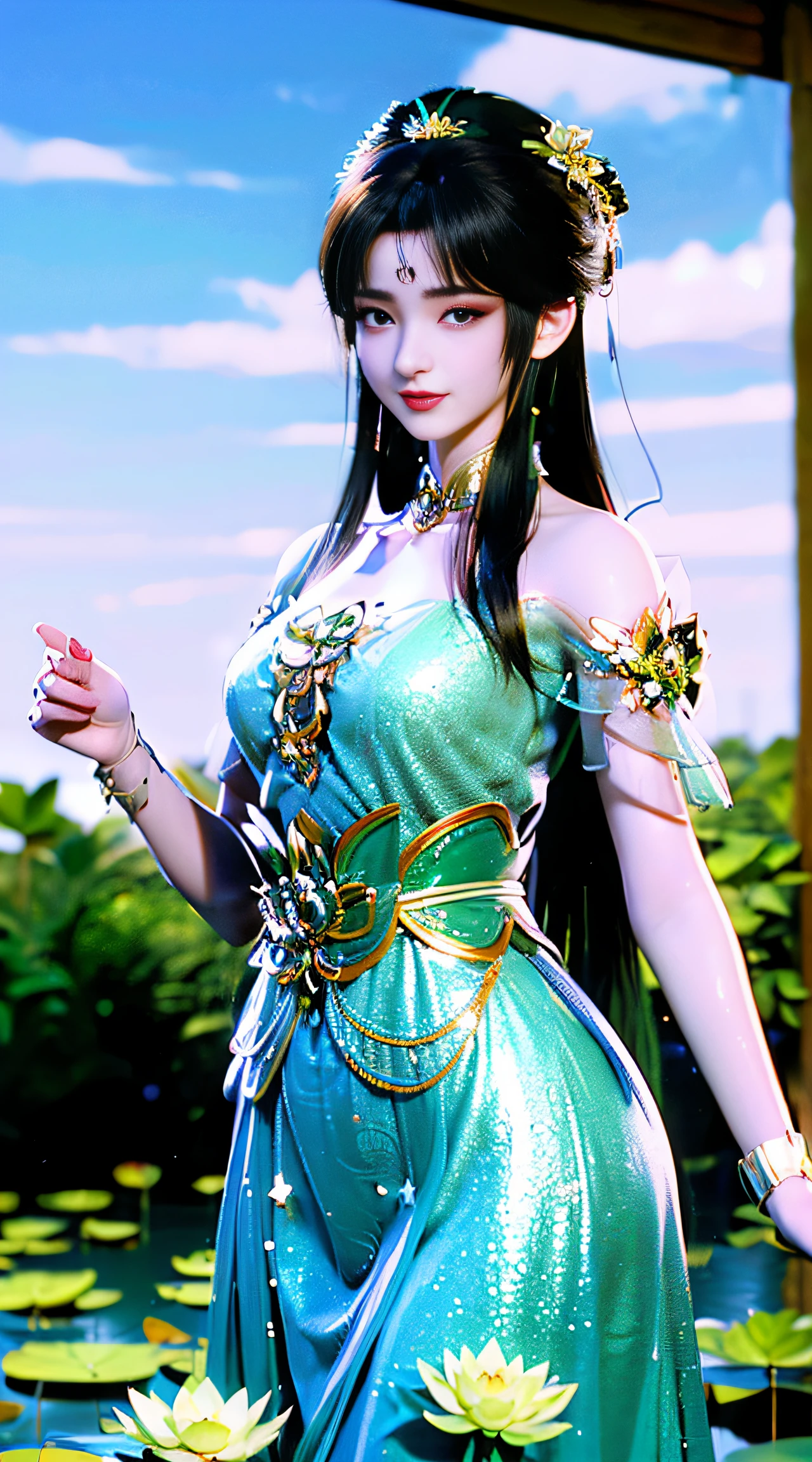(((1 fairy standing on a lotus pond))), (((nude))), hair jewelry, double tail, (exquisite jewelry), flawless beautiful face of goddess Athena ,((hanfu white blue see-through thin sequins with many details )), legendary goddess, symbolic goddess, sparkling beautiful goddess style, red lipstick,(shy), detailed and delicate, beautiful lips delicate and delicately detailed, (pure and flawless face: 1.9), goddess body, round chest, long flat bangs, flower tattoo on forehead, beautiful face Bright eyes and balanced, (light purple eyes: 1.8) , (big round eyes and makeup, sexy wet eye makeup, very beautiful and meticulous hair makeup, long and delicate hair, delicate, shape: 1.8), shape: and alive, ((stars that make up the sky: 1.7), (((sky in the sky and the blue gate of fictional time and space: 1.8))), fictional art, ((lambent))